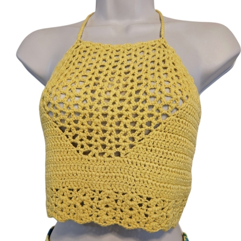 Handmade Crochet Crop-Top Yellow Open back Swimming cover-up  Hollow out stitch - Picture 7 of 17